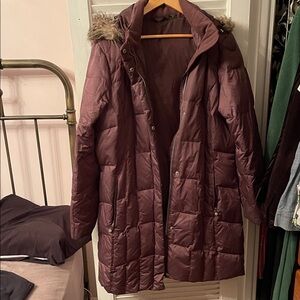 Eddie Bauer Maroon Puffer Coat with Faux Fur Hood